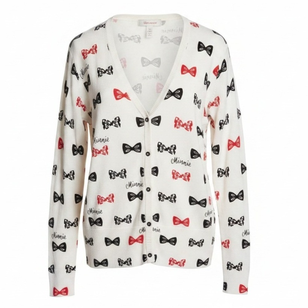 Minnie Mouse XL White Vibrant Girly Bow Print Button Front V Neck Cardigan
